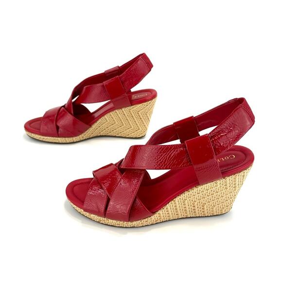 Cole Haan Platform Wedge Sandal Size 9.5 Red Leather Beige Jute Sling Back Comfy - Picture 16 of 16